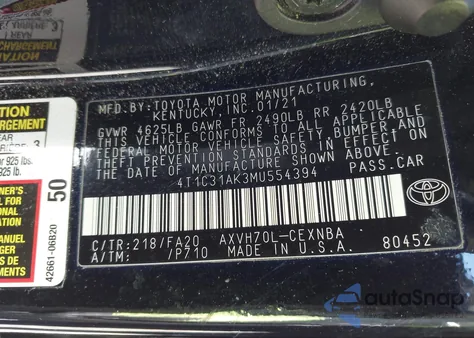 2021 Toyota Camry Le Hybrid z USA, uszkodzony, nr VIN 4T1C31AK3MU554394